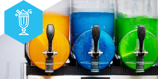 A colorful slush machine with orange, blue, and green flavors